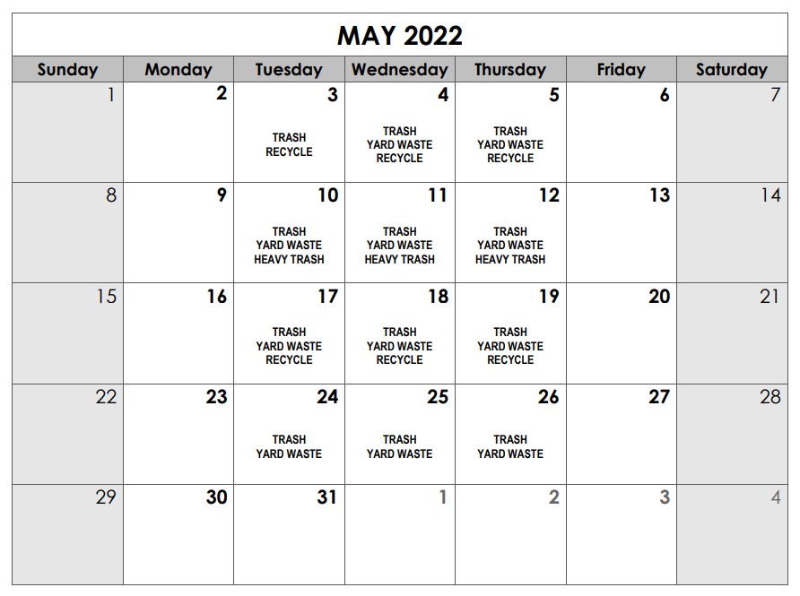 May 2022 Solid Waste Calendar