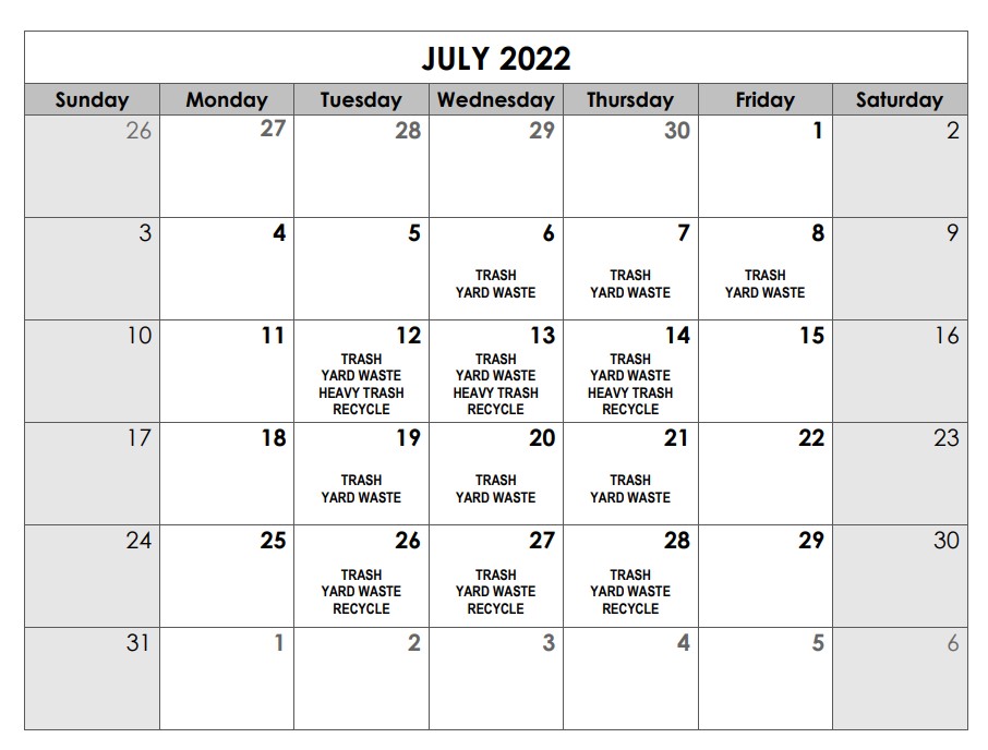 july 2022 trash calendar