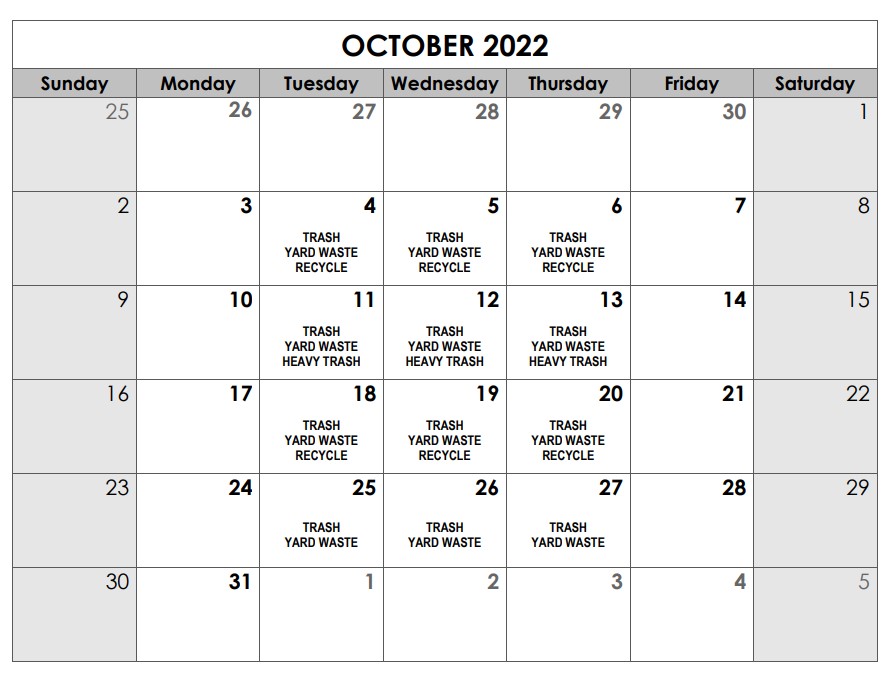 october 2022 trash calendar