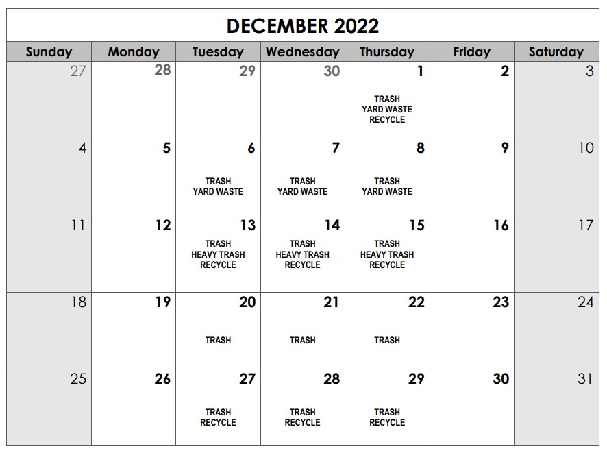 December 2022 solid waste calendar