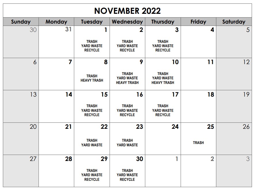 November 2022 solid waste calendar