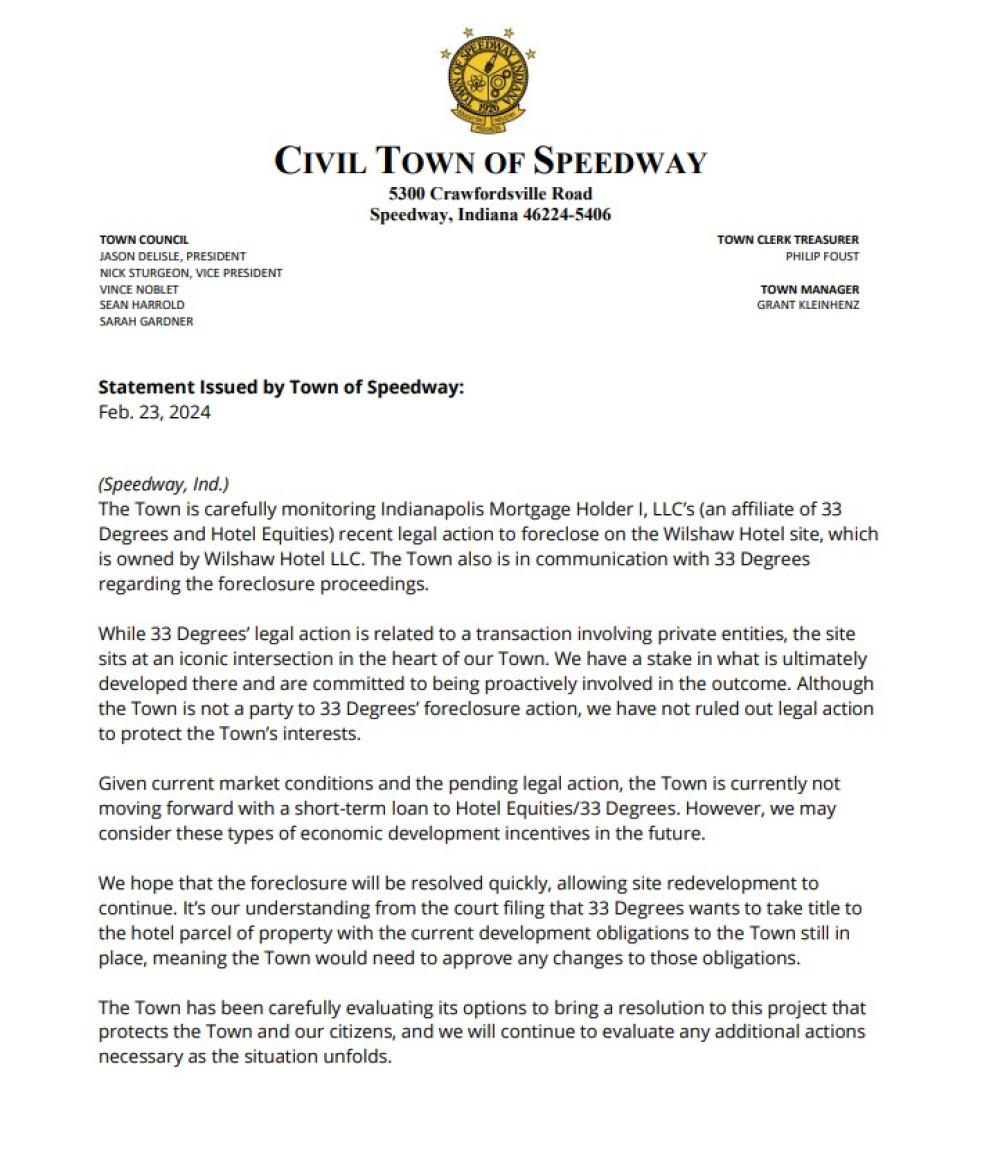 Statement from Town of Speedway