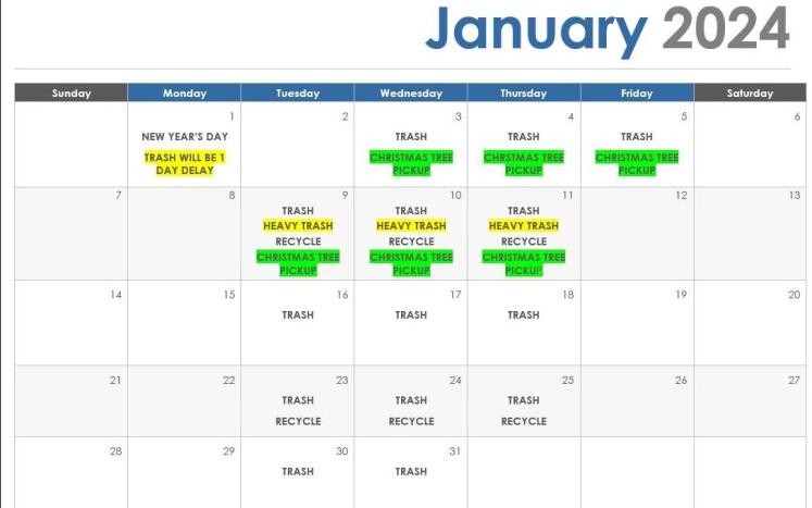 January calendar of trash dates