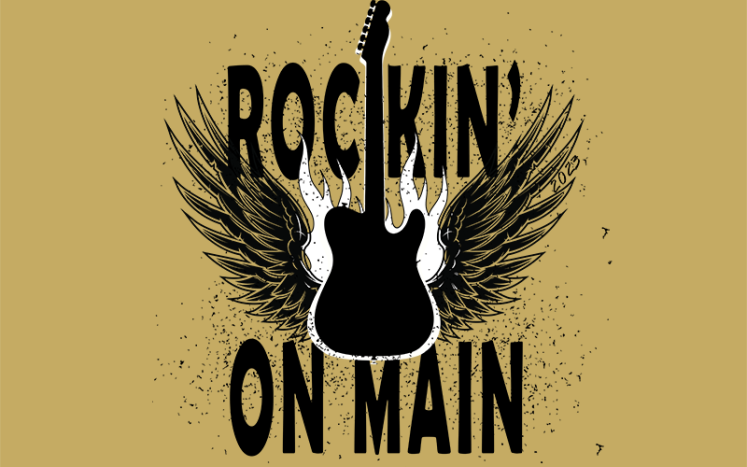 Rockin' on Main logo with electric guitar and wings